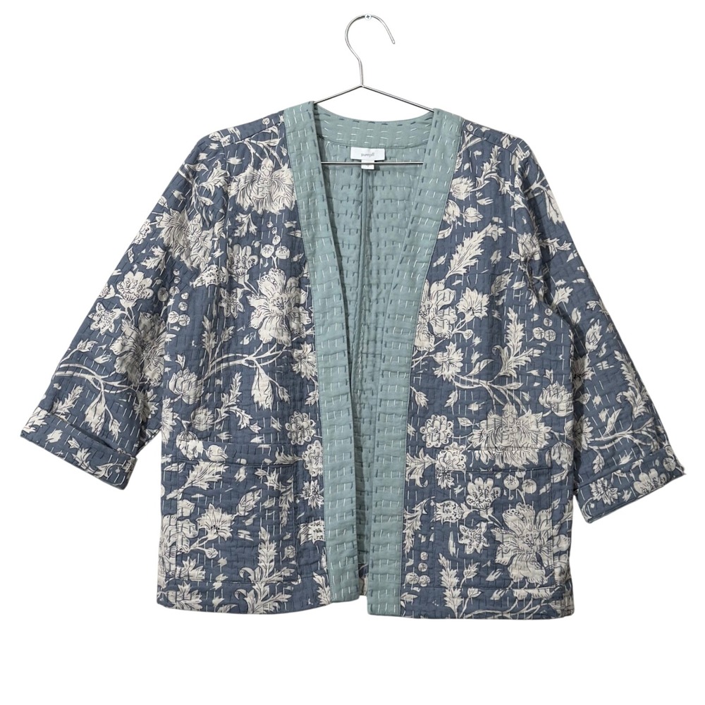 Pure Jill Quilted Jacket Women Small Blue Floral Kantha Boho Kimono Open Front